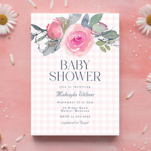 Invitation Rose Rose Floral En vichy Baby shower fille