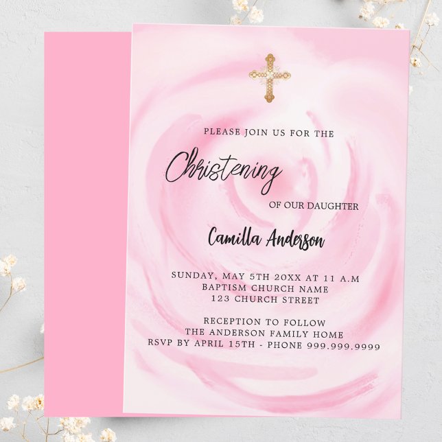 Invitation Rose rose floral fille luxe Christening (Créateur téléchargé)