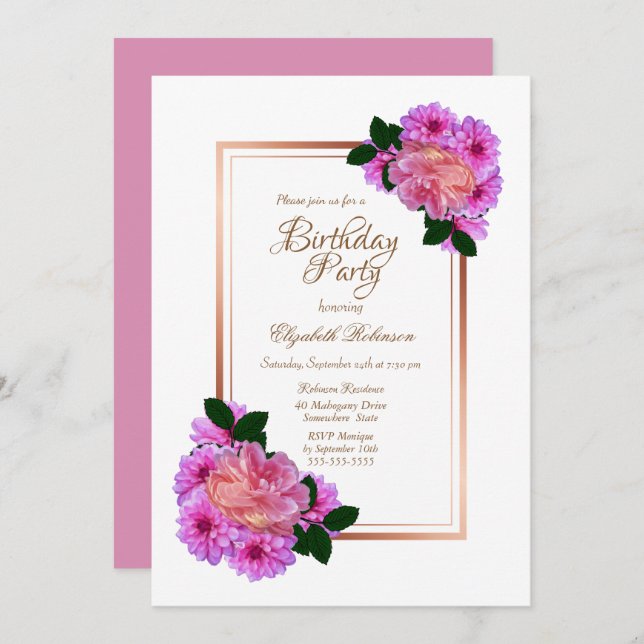 Invitation Rose rose Floral Gold Frontière Anniversaire (Devant / Derrière)
