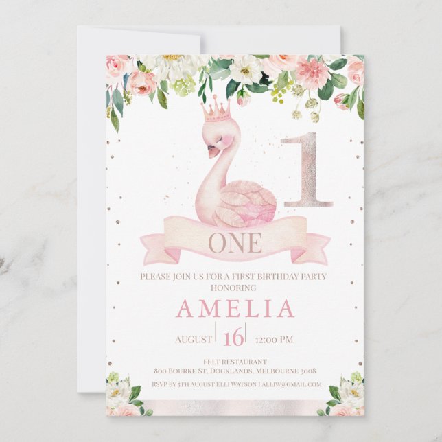 Invitation Rose rose Floral Gold Swan 1er anniversaire Invita (Devant)