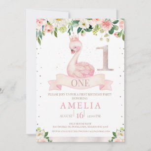 Invitation Rose rose Floral Gold Swan 1er anniversaire Invita