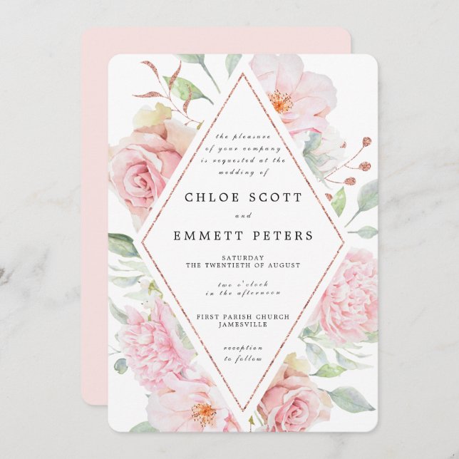 Invitation Rose Rose Floral Moderne Mariage (Devant / Derrière)