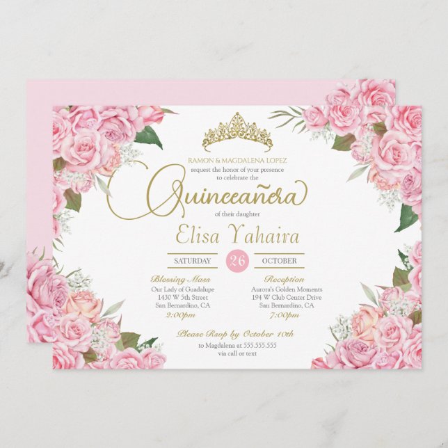 Invitation Rose Rose Floral Or Tiara Quinceanera (Devant / Derrière)