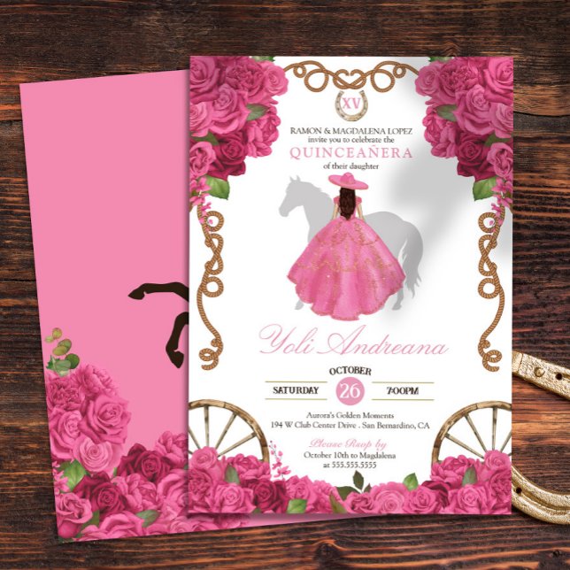Invitation Rose rose Floral Ouest Charra Quinceañera (Créateur téléchargé)