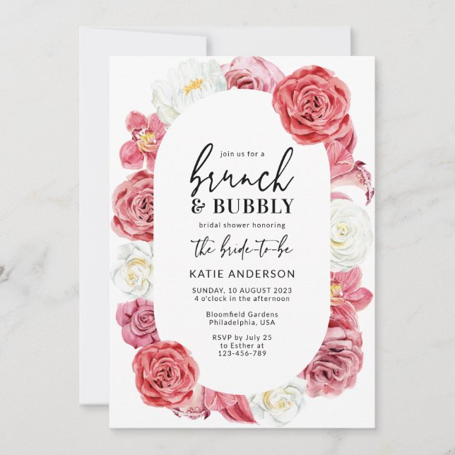 Invitation Rose rose Floral Oval Brunch & Bubbly Douche (Devant)