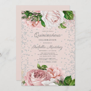 Invitation Rose rose Floral Parties scintillant d'argent Quin