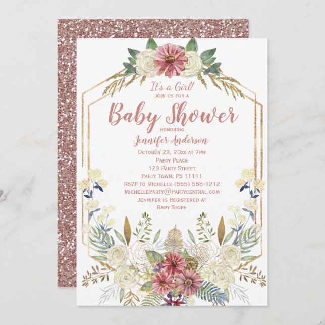 Invitation Rose rose Floral Parties scintillant or Baby showe (Devant / Derrière)