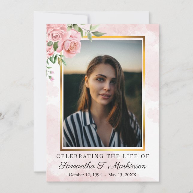 Invitation Rose rose floral photo aquarelle Ordre de service (Devant)