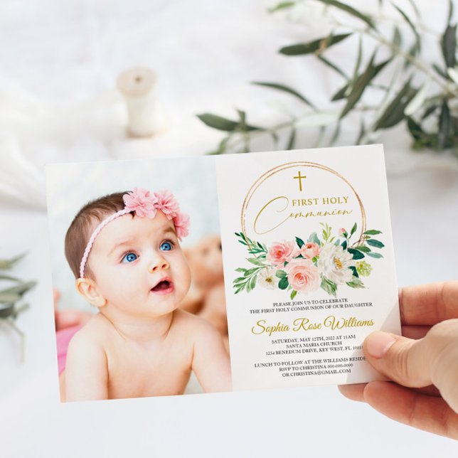 Invitation Rose Rose Floral Photo Girl Première Sainte Commun (Créateur téléchargé)