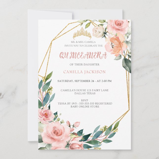 Invitation Rose rose Floral Quinceanera Bleu Papillon Tiar (Devant)