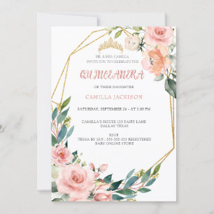 Invitation Rose rose Floral Quinceanera Bleu Papillon Tiar