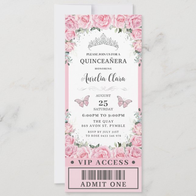 Invitation Rose rose Floral Quinceañera Sweet 16 VIP Ticket (Devant)