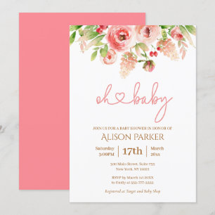 Invitation Rose Rose Floral Vert Fille Baby shower