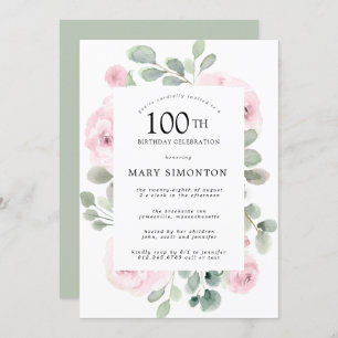 Invitation Rose rose florale Eucalyptus 100e fête d'anniversa