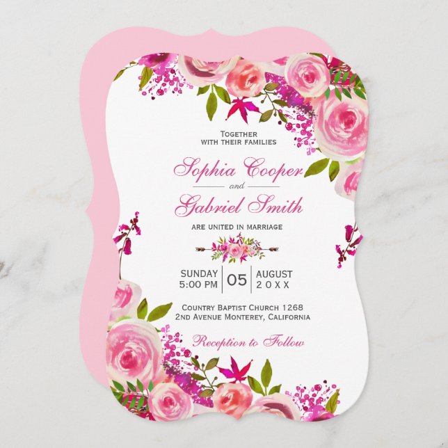 Invitation Rose rose Fuchsia Mariage botanique (Devant / Derrière)