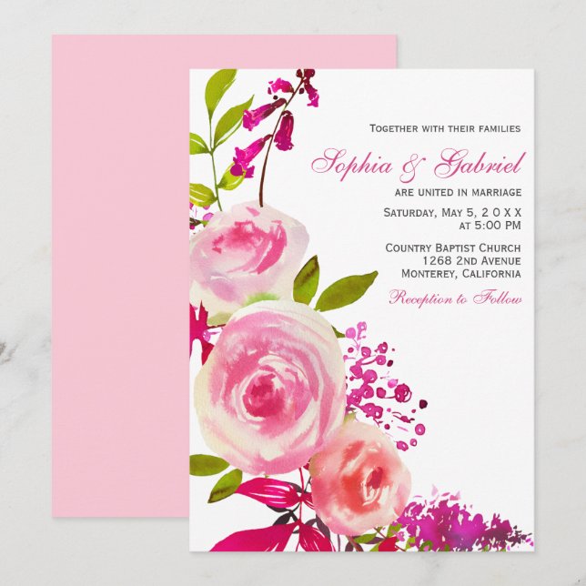Invitation Rose rose Fuchsia Mariage botanique (Devant / Derrière)