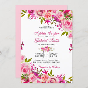 Invitation Rose rose Fuchsia Mariage botanique