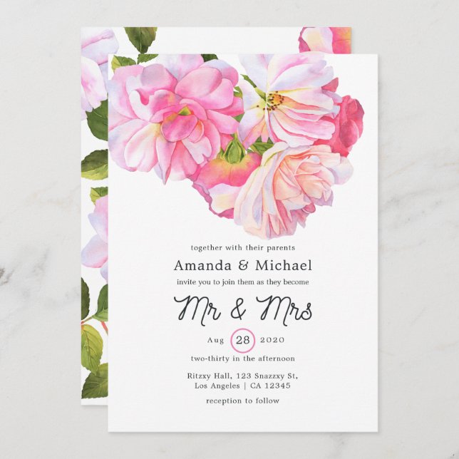 Invitation Rose Rose Garden M. et Mme la Mariage (Devant / Derrière)