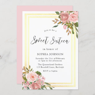 Invitation Rose Rose Gold Flowers Gold Frontière Sweet sixtee