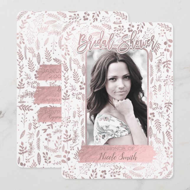 Invitation Rose Rose Gold Foil Fête des mariées moderne Photo (Devant / Derrière)