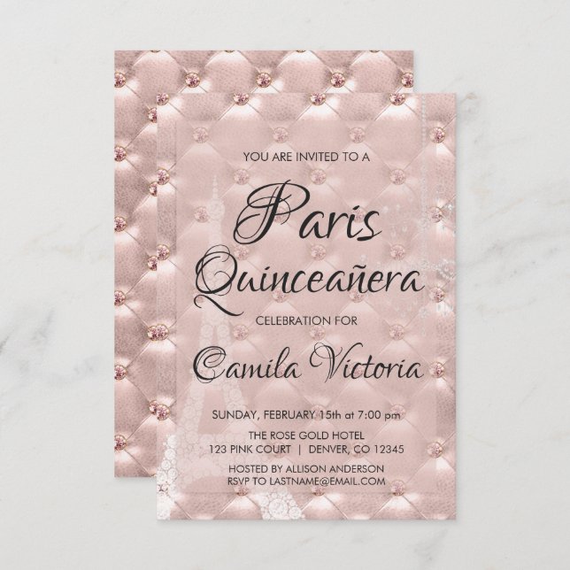 Invitation Rose Rose Gold Paris Quinceañera (Devant / Derrière)