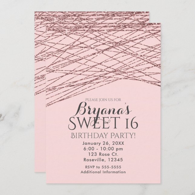 Invitation Rose Rose Gold Parties scintillant Sweet 16 Annive (Devant / Derrière)