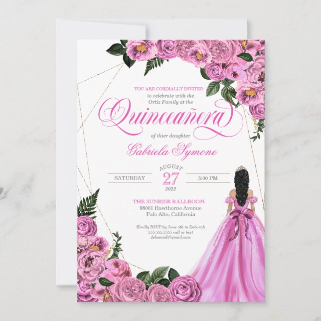 Invitation Rose Rose Gold Tiara et Ball Gown Quinceañera (Devant)