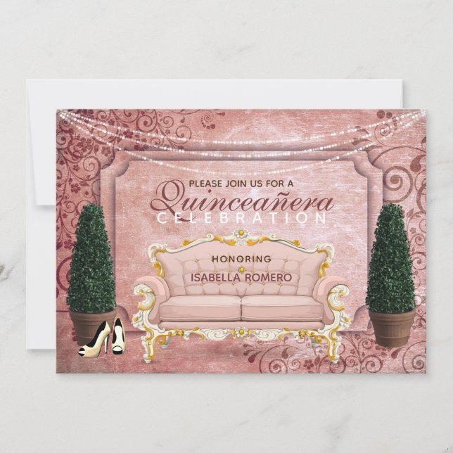 Invitation Rose Rose Gold Topiaire Jardin Quinceañera (Devant)