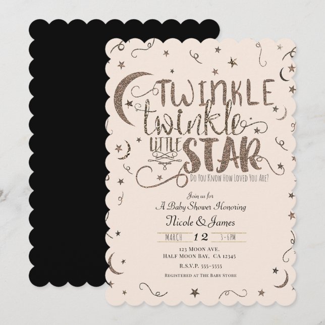 Invitation Rose Rose Gold Twinkle Baby shower Little Star (Devant / Derrière)