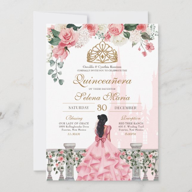 Invitation Rose rose Golden Princesse Fairytale Quinceañera (Devant)