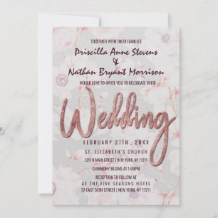Invitation Rose rose Gris Floral Or Mariage manuscrit