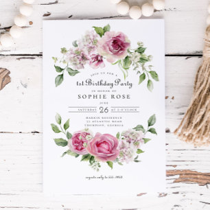 Invitation Rose rose Hydrangea Floral Arch 1er Anniversaire