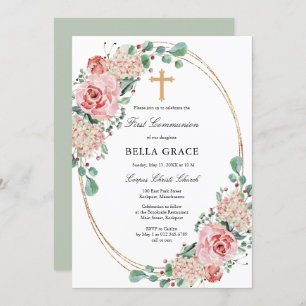 Invitation Rose Rose Hydrangea Première Communion Sainte