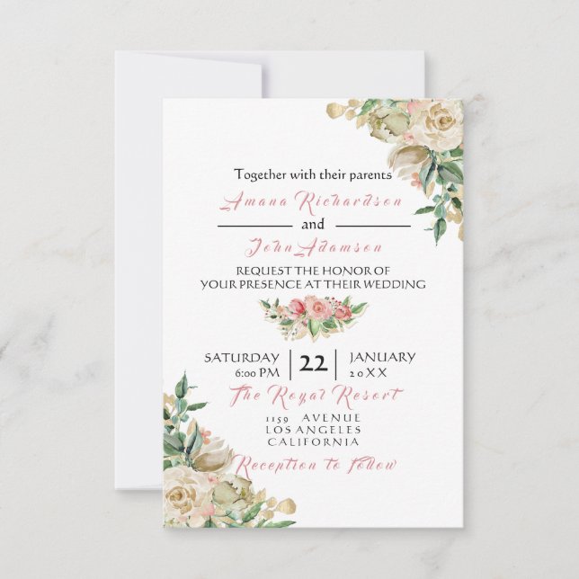 Invitation Rose rose ivoire crème or Floral Rose Mariage (Devant)