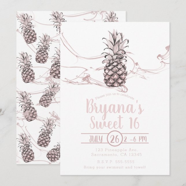 Invitation Rose rose Juicy Ananas Summer Sweet 16 Party (Devant / Derrière)