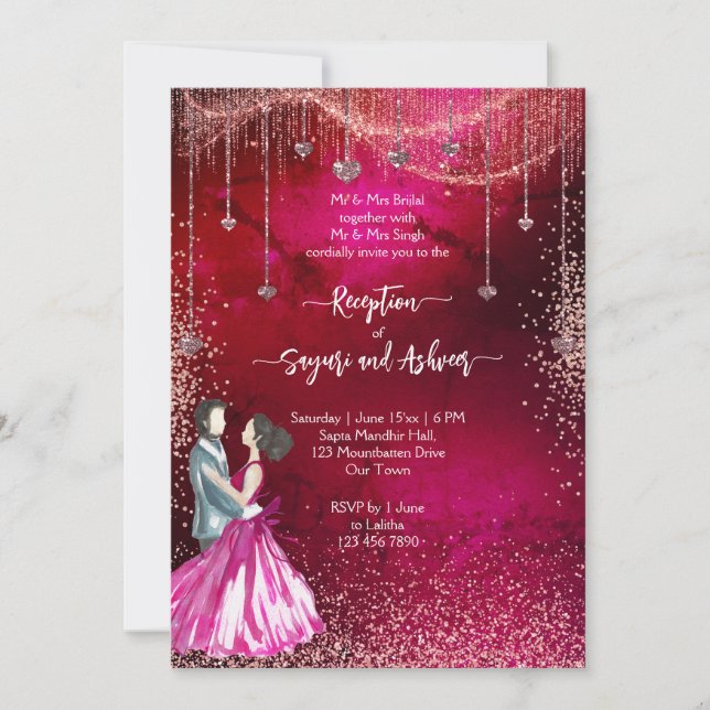 Invitation Rose rose magenta or parties scintillant mariage r (Devant)