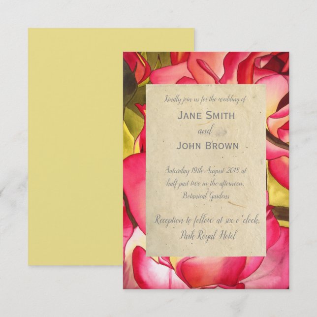Invitation Rose rose mariage aquarelle art rustique (Devant / Derrière)