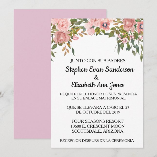 Invitation Rose rose mariage espagnol Rosa Blush aquarelle (Devant / Derrière)
