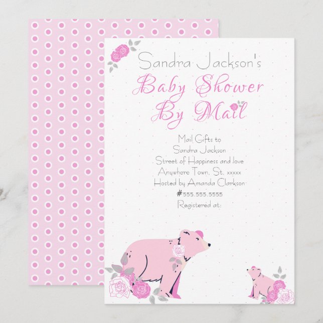 Invitation Rose rose mignonne Floral Mama Bear Cub Baby showe (Devant / Derrière)