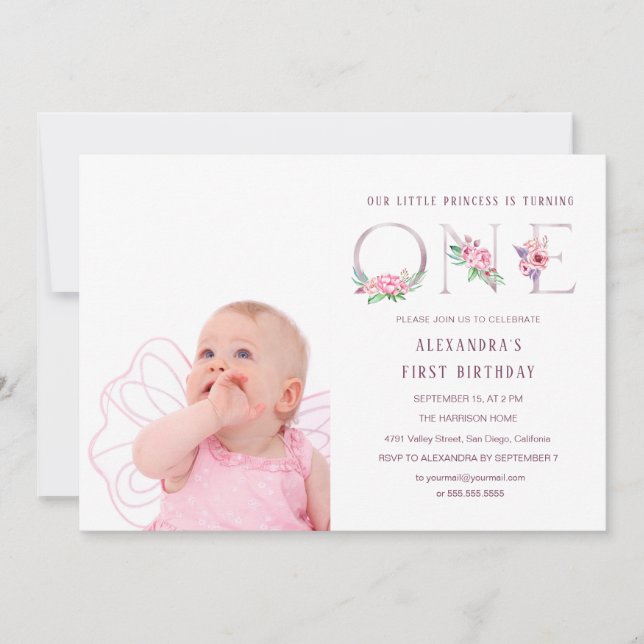 Invitation Rose rose mignonne or Floral Premier anniversaire  (Devant)