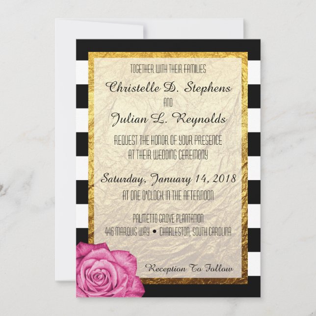 Invitation Rose rose moderne Faux Or Foil Mariage rayé (Devant)