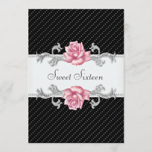 Invitation Rose rose noir pois sucrée seize anniversaire