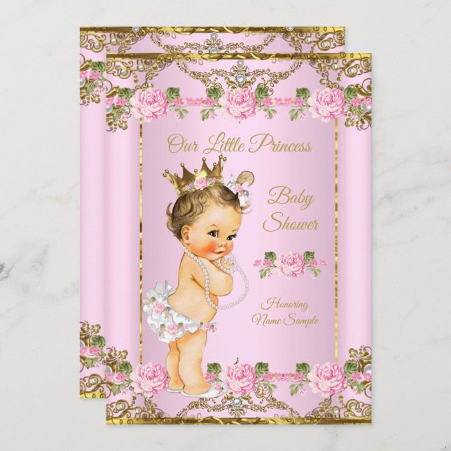 Invitation Rose rose or blanc Princesse Baby shower Brunette (Devant / Derrière)