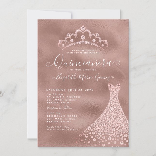 Invitation Rose Rose Or Diamant Tiara Robe Quinceanera (Devant)
