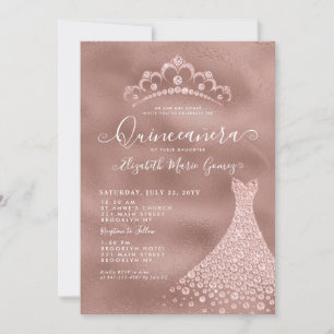 Invitation Rose Rose Or Diamant Tiara Robe Quinceanera