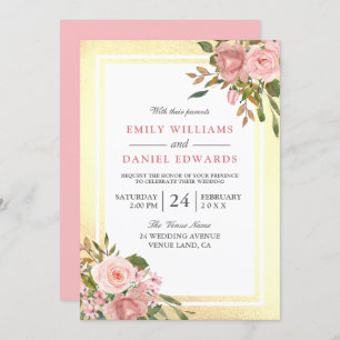 Invitation Rose Rose Or Fleurs Mariage frontière doré