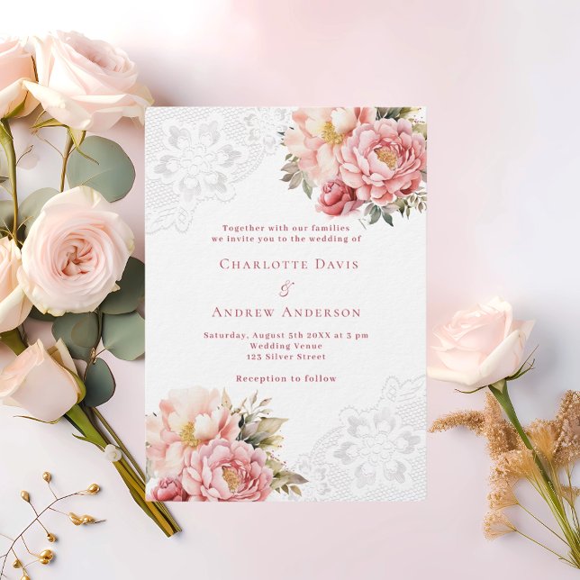 Invitation Rose rose or floral blanc dentelle luxe mariage (Créateur téléchargé)