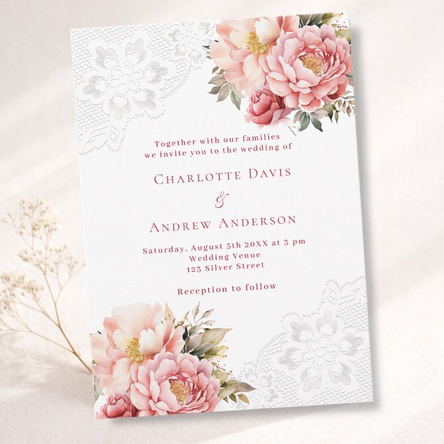 Invitation Rose rose or floral blanc dentelle mariage (Créateur téléchargé)