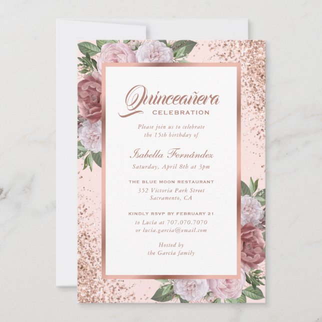 Invitation Rose Rose Or Floral Quinceañera (Devant)