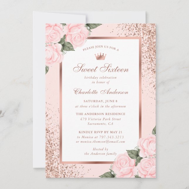 Invitation Rose Rose Or Floral Sweet 16 Anniversaire (Devant)